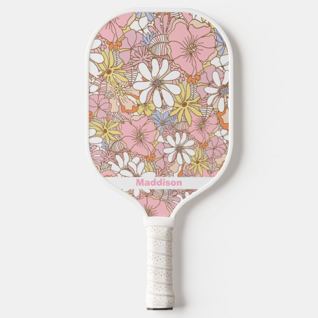 Pink Floral Pattern Personalized Name Cute Pickleball Paddle (Front)