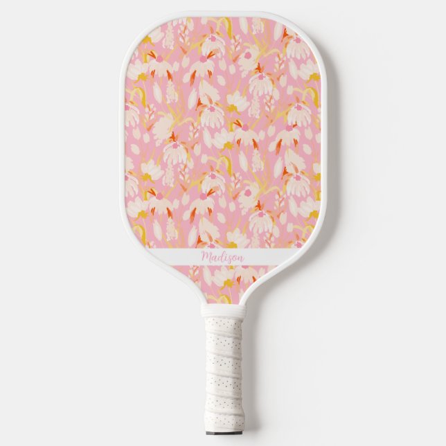 Pink Floral Pattern Personalized Name Cute Pickleball Paddle (Front)