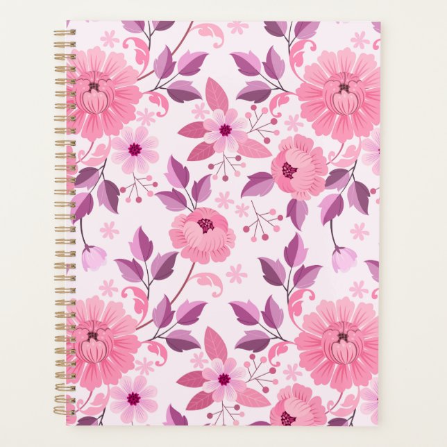 Pink Floral Pattern Planner with Elegant Blossoms (Devant)