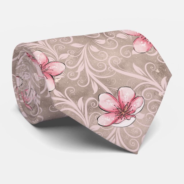 Pink Floral Pattern  Tie (Rolled)