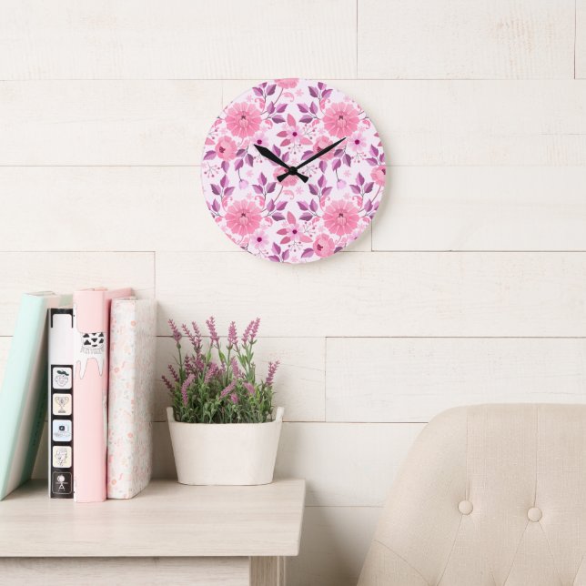 Pink Floral Pattern  with Elegant Blossoms Large Clock (Reading Room)