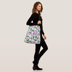 Pink floral pattern with green leaves  crossbody bag