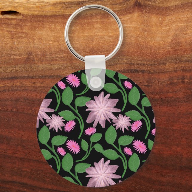 Pink floral pattern with green leaves  keychain (Front)