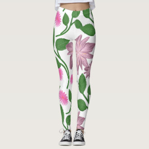 Pink floral pattern with green leaves  leggings