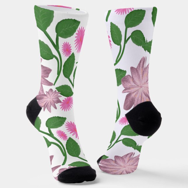 Pink floral pattern with green leaves  socks (Angled)
