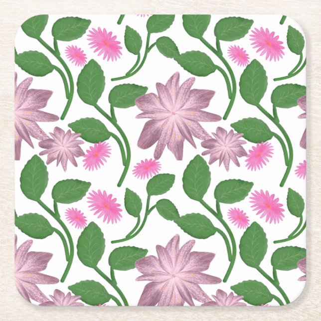 Pink floral pattern with green leaves  square paper coaster (Front)