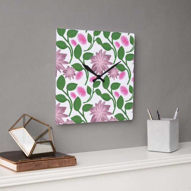 Pink floral pattern with green leaves  square wall clock (Office)