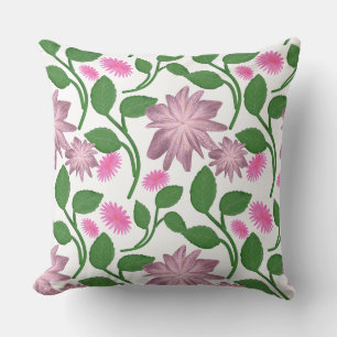 Pink floral pattern with green leaves throw pillow