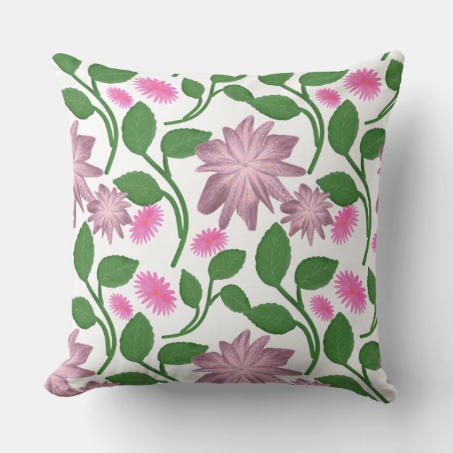 Pink floral pattern with green leaves  throw pillow (Front)