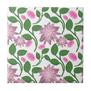 Pink floral pattern with green leaves tile