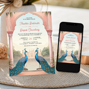 Pink Floral Peacocks Royal Indian Palace Wedding Invitation