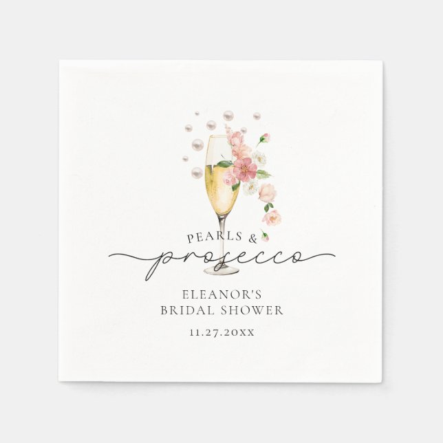Pink Floral Pearls & Prosecco Bridal Shower Napkin (Front)
