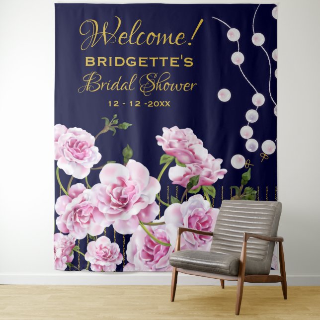 Pink Floral Pearls Wedding Tapestry (In Situ)