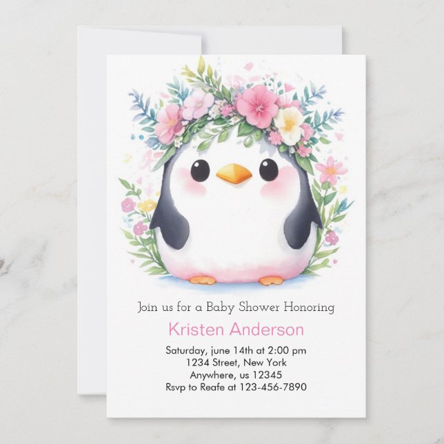 Pink Floral Penguin Joyful Whimsy Baby Shower Invitation (Front)