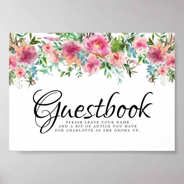 Pink Floral Peoney Christening Livre d'or (Devant)