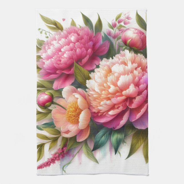 Pink Floral Peonies Pretty Kitchen Towels (Vertical)