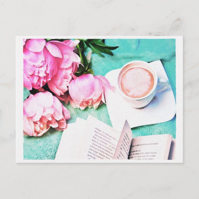 Pink Floral Peony Cozy Latte Watercolor Postcard (Front)