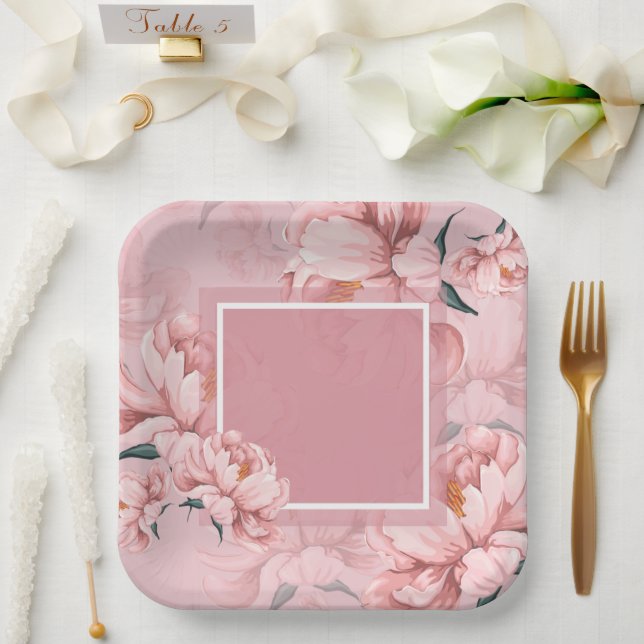 Pink floral peony flower paper plates (Wedding)