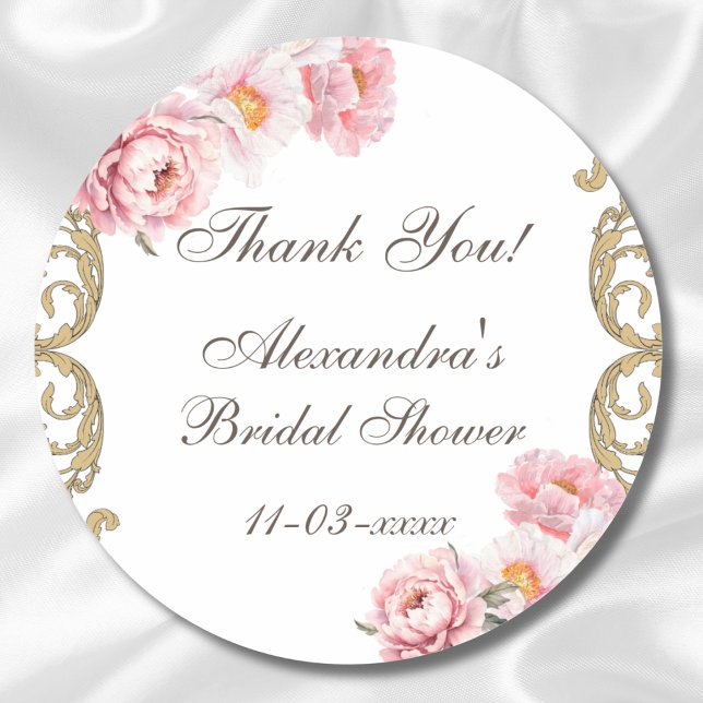 Pink Floral Peony Vintage Bridal Shower Thank You Classic Round Sticker (Creator Uploaded)