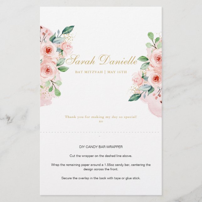 Pink Floral Personalized Candy Bar Wrapper (Front)