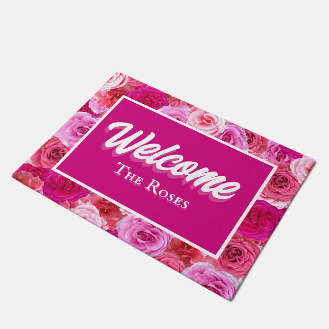 Pink Floral Personalized Entry Way Welcome Doormat (Angled)