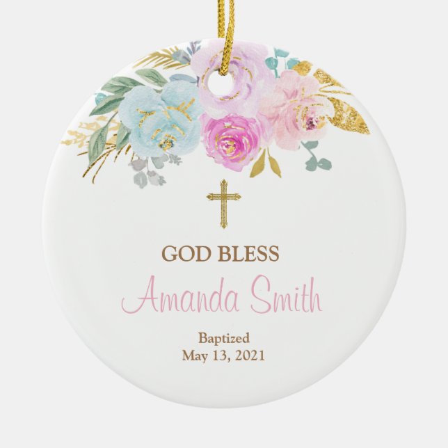 Pink Floral Personalized Girl Baptism Ornament (Front)