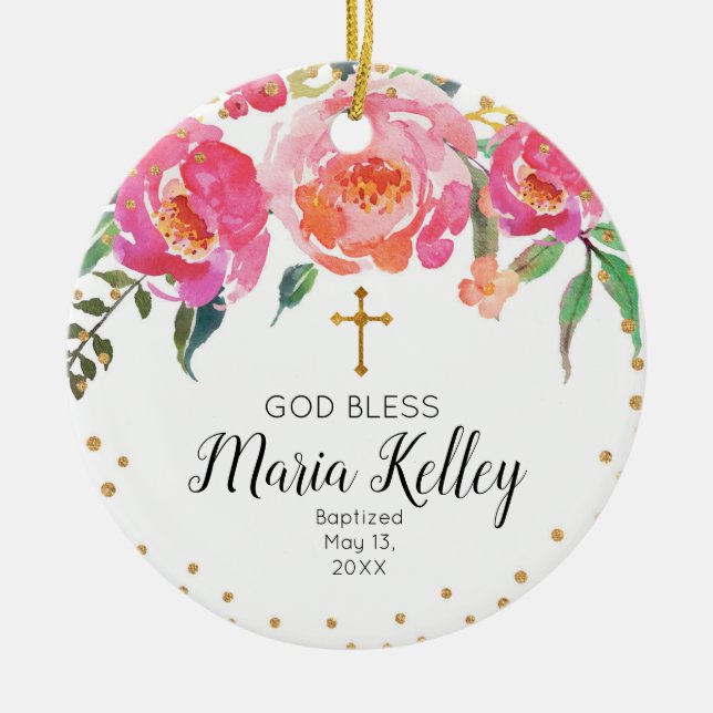 Pink Floral Personalized Girl Baptism Ornament (Front)
