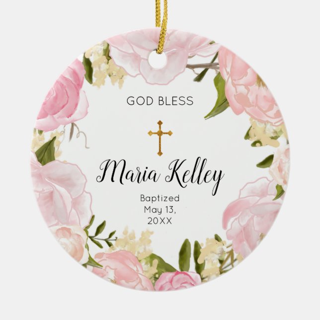 Pink Floral Personalized Girl Baptism Ornament (Front)