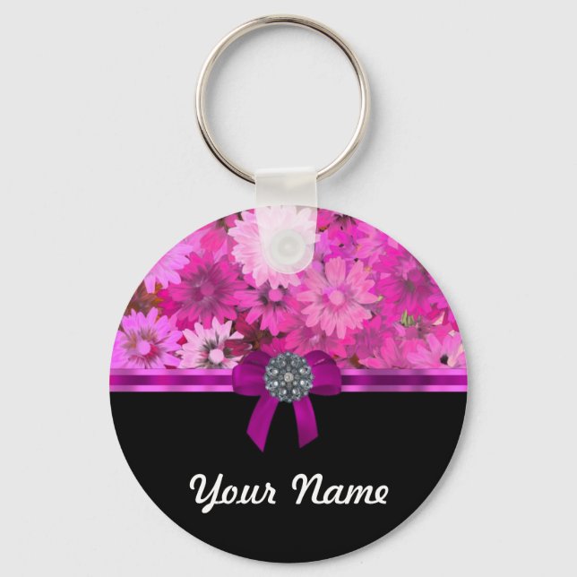Pink floral personalized keychain (Front)