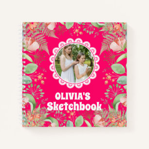 Pink Floral Personalized Kids Photo Sketchbook Notebook
