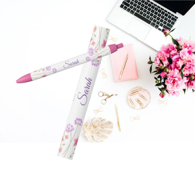 Pink Floral Personalized Name Black Ink Pen (Creator Uploaded)