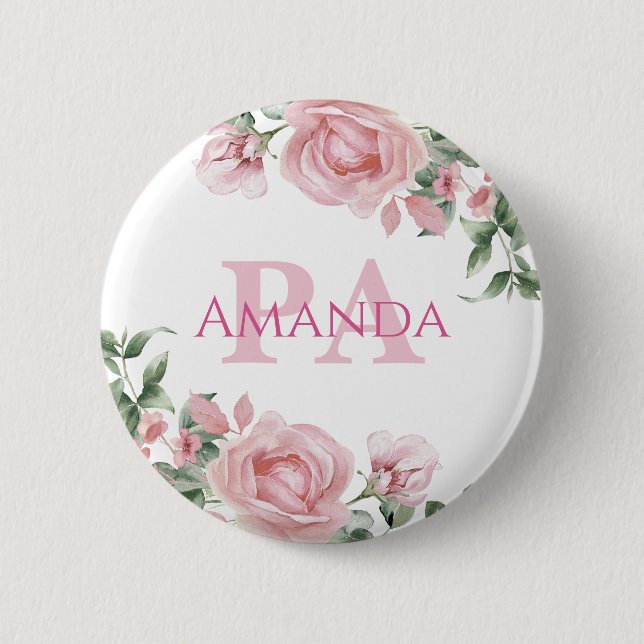 Pink Floral Personalized Name PA 2 Inch Round Button (Front)