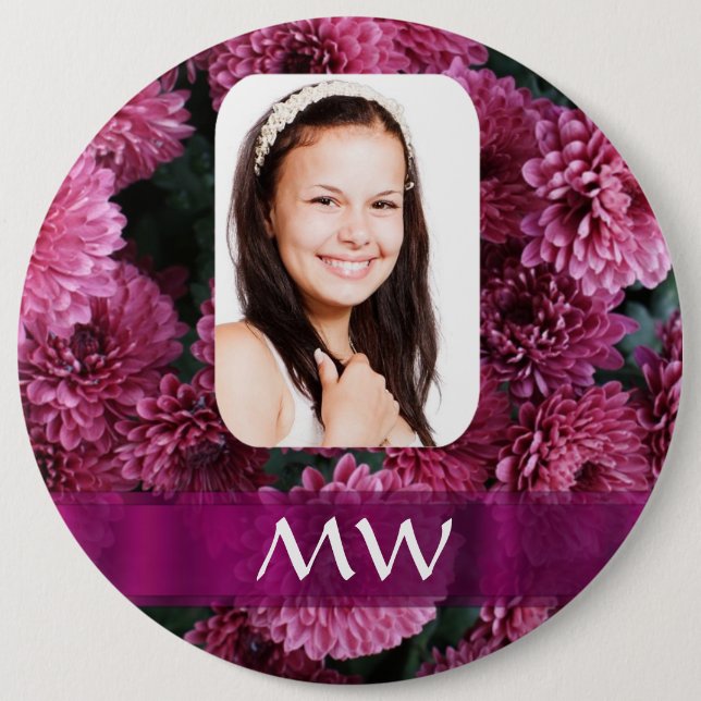 Pink floral personalized photo 6 inch round button (Front)