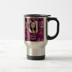 Pink floral personalized photo travel mug