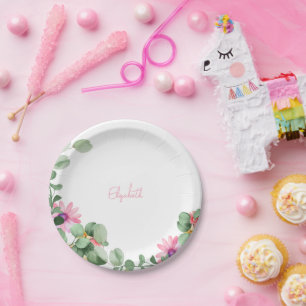 Pink Floral Personalized Shower Paper Plate