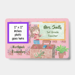 Pink floral personalized teacher badge