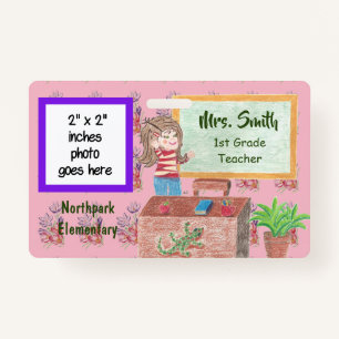 Pink floral personalized teacher badge