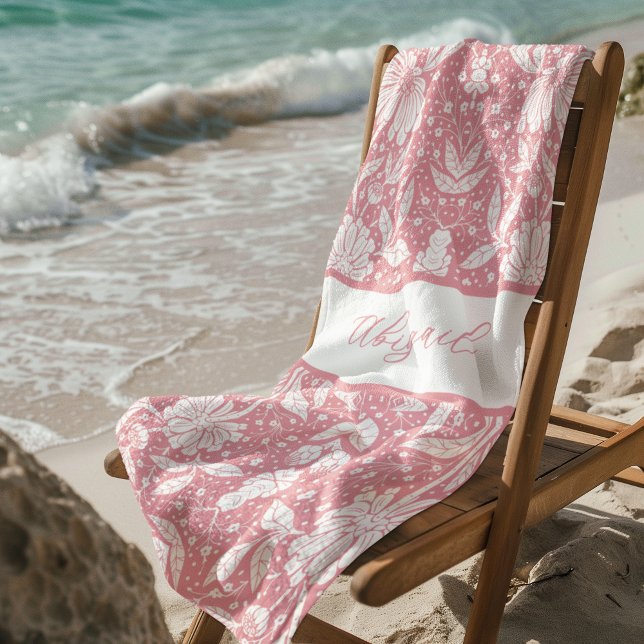 Pink Floral Personalized William Morris Style Beach Towel (Creator Uploaded)