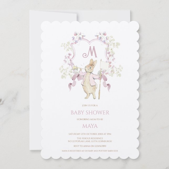Pink Floral Peter the Rabbit Monogram Baby Shower Invitation (Front)