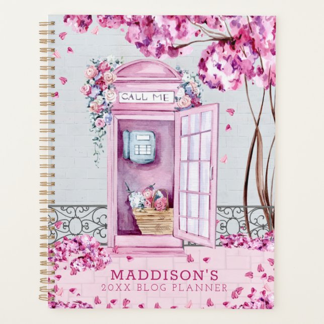 Pink Floral Phone Booth Personalized Blog Planner (Front)