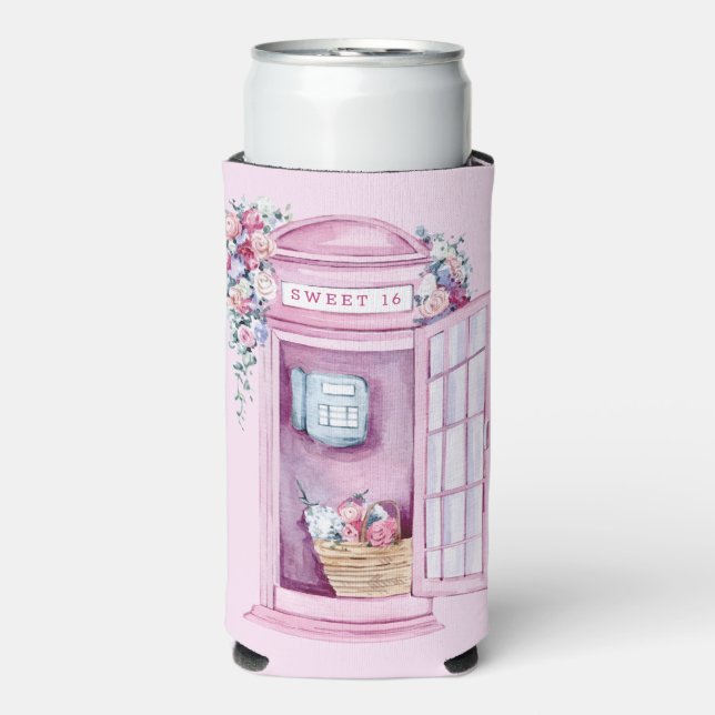 Pink Floral Phone Booth | Sweet 16 Seltzer Can Cooler (Seltzer Front)