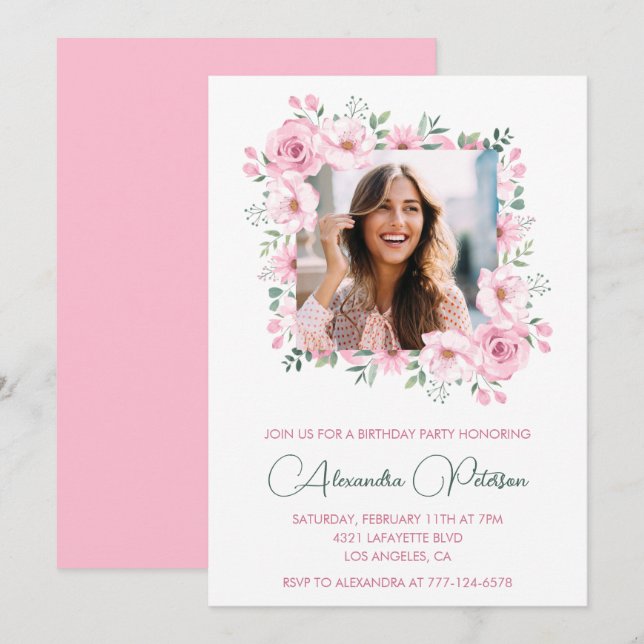 Pink Floral Photo 42nd birthday invitations  (Front/Back)