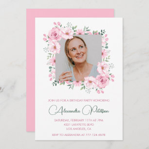 Pink Floral Photo 67th birthday invitations 
