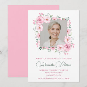 Pink Floral Photo 82nd birthday invitations