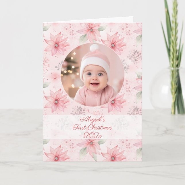 Pink Floral Photo Baby's First Christmas Holiday Card (Front)