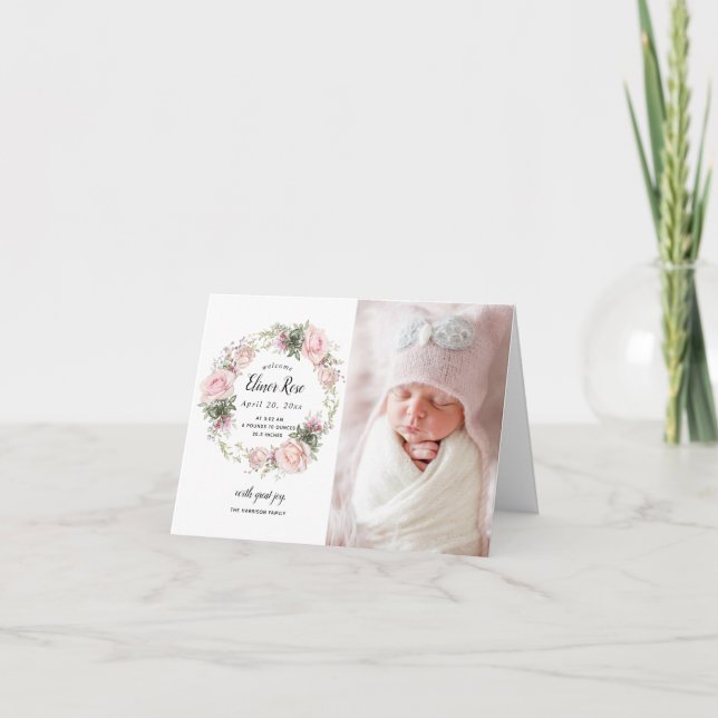 Pink Floral Photo Birth Announcement (Front)