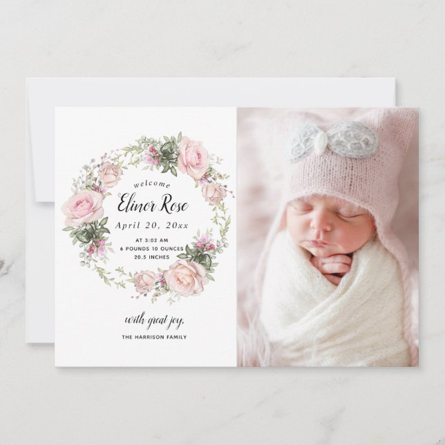 Pink Floral Photo Birth Announcement (Front)