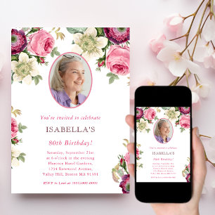 Pink Floral   Photo Birthday Invitation