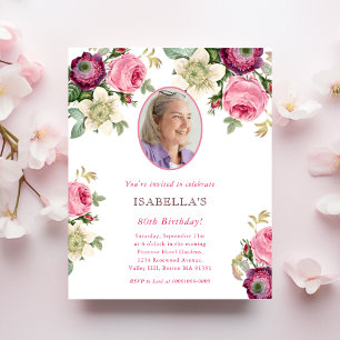 Pink Floral   Photo Budget Birthday Invitation