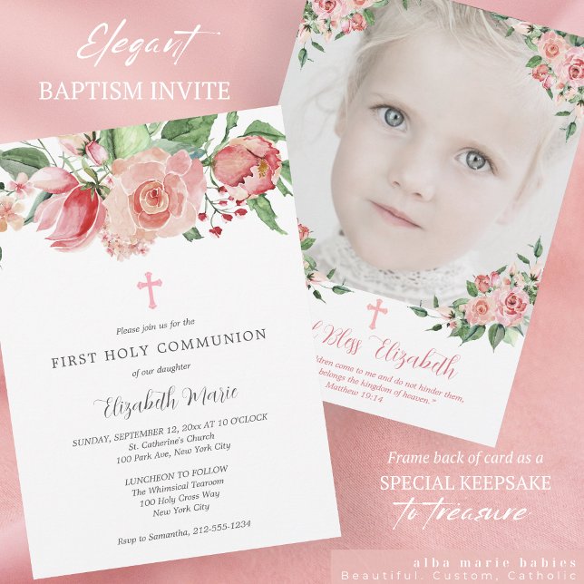 Pink Floral Photo First Communion for Girls Invitation (Creator Uploaded)